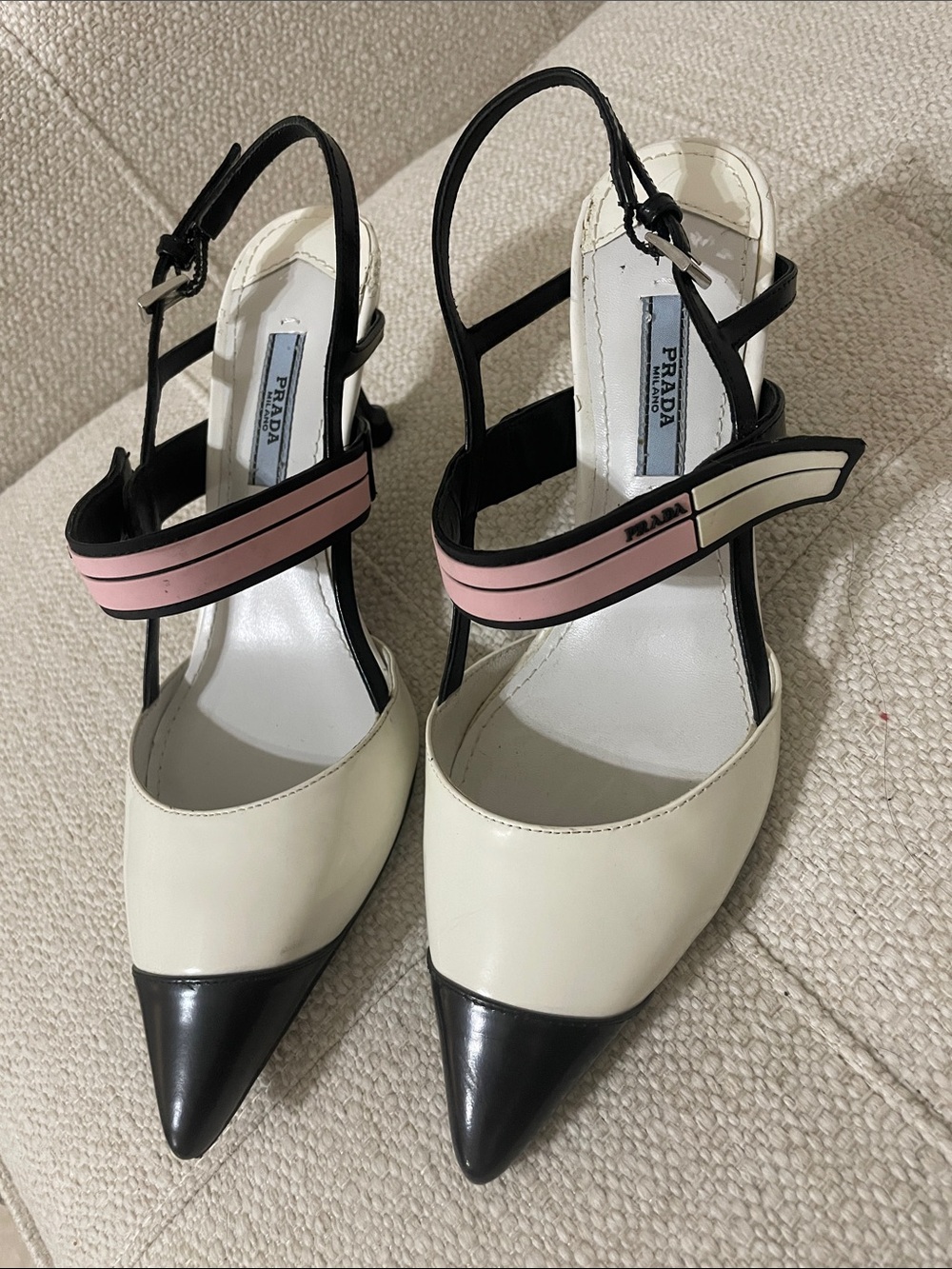 Prada Two-Tone Pointed Slingback Pumps with Pink Strap